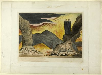 Kruh falšovatelů: Dante a Virgil si ohrnují nos kvůli smradu. Inferno, zpěv XXIX od William Blake