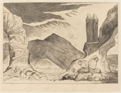 Kruh falzifikátorů: Dante a Virgil si ohrnují nos kvůli sv od William Blake