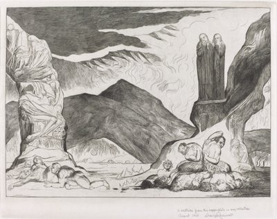 Kruh falšovatelů: Dante a Virgil si ohrnují nos kvůli smradu od William Blake