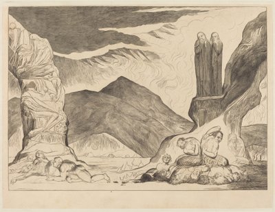 Kruh padělatelů: Dante a Vergilius si zakrývají nosy kvůli zápachu od William Blake