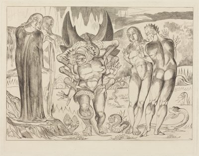 Kruh zlodějů; Agnolo Brunelleschi napaden šestinohým hadem od William Blake