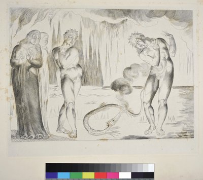 Kruh zlodějů: Dante Alighieri: Buoso Donati napaden hadem, Inferno, Canto XXV, ilustrace k "Božské komedii", asi 1827-38 (rytina) od William Blake