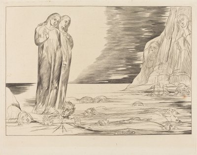 Kruh zrádců; Dantova noha zasahuje Bocca degli Abbate od William Blake