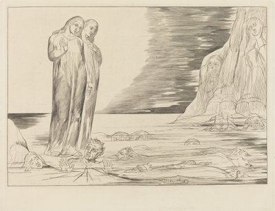 Kruh zrádců; Dantova noha udeří Bocca degli Abbate od William Blake