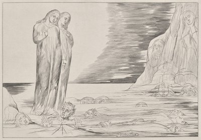 Kruh zrádců: Dantova noha strkující Bocca degli Abbate, od Dantova Pekla, ilustrace zpěvu XXXII po Dantovu Božskou komedii od William Blake