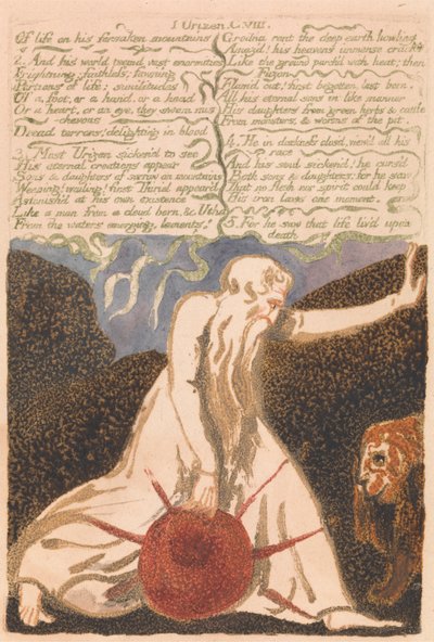 První kniha Urizenova, deska 20, "Životem opuštěné hory . . . ." (Bentley 23) od William Blake