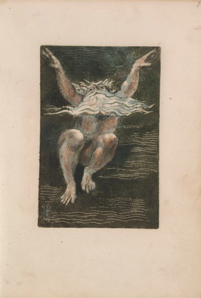 The First Book of Urizen, pl.7 (Nahý muž s vlajícím bílým plnovousem, který jako by stoupal v hluboké vodě) 1794 (barevně tištěný reliéfní lept s wc) od William Blake