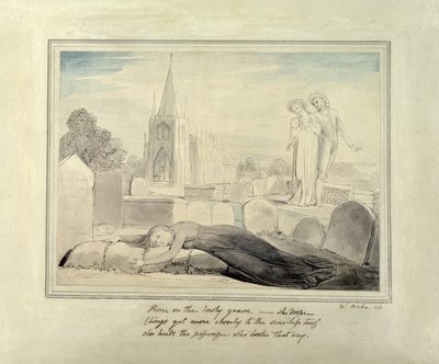 Vdova objímá hrob svého manžela (pero a štětec a černý inkoust a wc na papíře) od William Blake