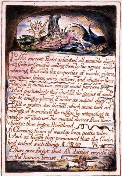 "Starověcí básníci...", ilustrace a text z "Svatba nebes a pekla", kolem 1790-3 (reliéfní lept hotový perem a akvarelem) od William Blake