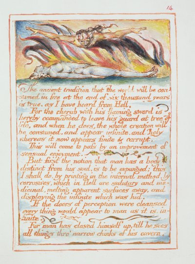 "Antická tradice.., ilustrace a text ze "Sňatku nebe a pekla", asi 1790-3 (reliéfní lept dokončený perem a akvarelem) od William Blake