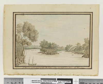 Opp. p. 120. `Pohled v horní části Port Jackson; když byla ryba zastřelena.“, cca 1802 (akvarel) od William Bradley