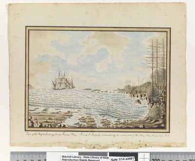 Opp. p. 194. `Část útesu a místa přistání Sydney Bay; Sirius & Supply se snaží vyjít ze zálivu. 19. března 1790, kolem 1802 (akvarel) od William Bradley