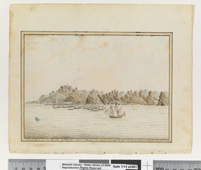 Opp. p. 19. `Santa Cruz na jihovýchodní straně Tenerife; Sirius & Convoy in the Roads. Červen 1787. The Peak Shewing in a Gap between two other Mountains