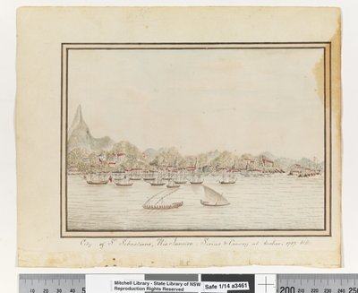 Opp. p. 37. `Město St. Sebastians, Rio Janeiro: Sirius & Convoy at Anchor. 1787