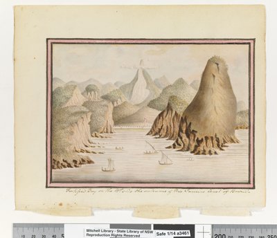 Opp. p. 38. „Opevněná zátoka na západní straně vchodu do brazilského pobřeží Rio Janeiro“, kolem 1802 (akvarel) od William Bradley