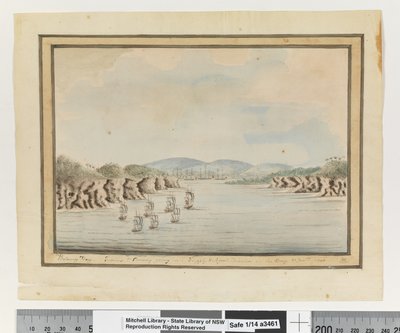 Opp. p. 56. Botanický záliv. Sirius & Convoy vstupují do: Divize zásobování a agentů v zálivu. 21. ledna 1788