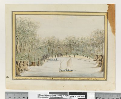 Opp. p. 70. „První rozhovor s domorodými ženami v Port Jackson New South Wales“, kolem roku 1802 (akvarel) od William Bradley