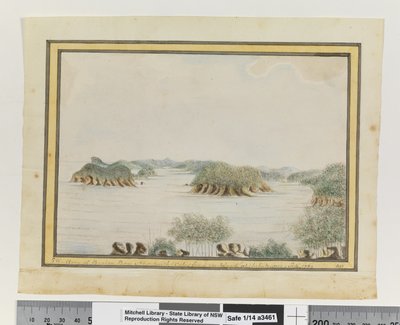 Opp. p. 93. `JZ. Arm of Broken Bay New South Wales z ostrova u vchodu. září 1789