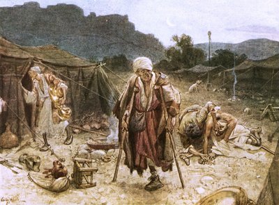 Čtyři malomocní plenící tábor Syřanů od William Brassey Hole