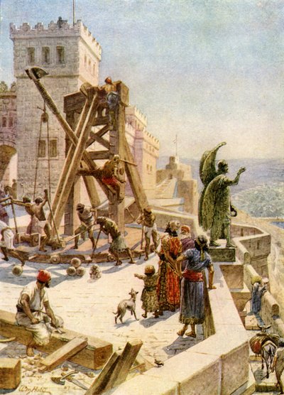 Uzziah vztyčuje válečné motory na zdech - Bible od William Brassey Hole