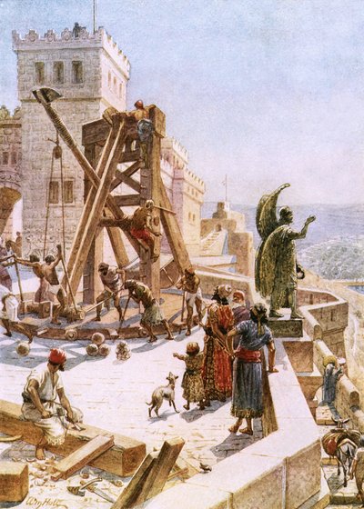 Uzzijáš vztyčuje válečné stroje na jeruzalémských hradbách od William Brassey Hole