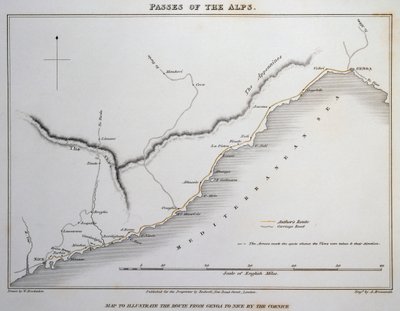 Mapa průsmyků v Přímořských Alpách, pobřežní silnice mezi Janovem a Nice, z Ilustrace průsmyků Alp, kterými Itálie komunikuje s Francií, Švýcarskem a Německem, William Brockedon (1787-1854), rytina na mědi, Londýn od William Brockedon