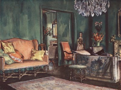 Výzdoba interiéru: Obývací pokoj se zelenými stěnami (barevná litografie) od William Bruce Ellis Ranken