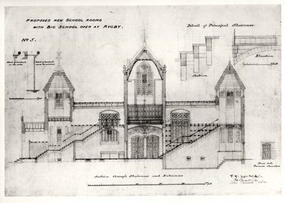 Podrobnosti o vchodech, schodištích, dveřích a zábradlích pece, (New Big School), Rugby School, 1844 (černý inkoust, tužka a wc) od William Butterfield
