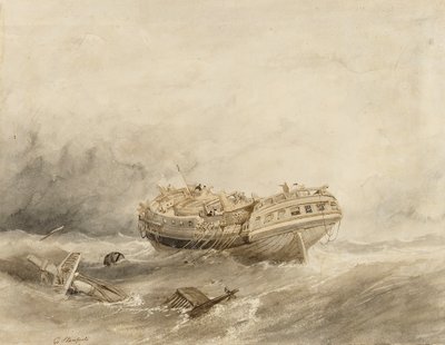 V klidu, který následuje po bouři, vykolejí obchodní loď. Akvarel (34,4x44,5 cm), Clarkson Stanfield (1793-1867) od William Clarkson Stanfield