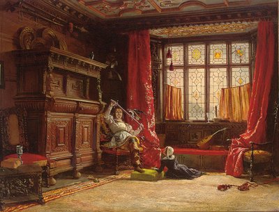 Kavalír v potemnělém interiéru, pták na meči, 1843 od William Collingwood