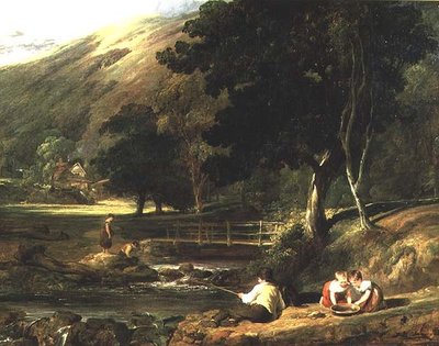 Borrowdale, Cumberland, s dětmi hrajícími si u proudu od William Collins