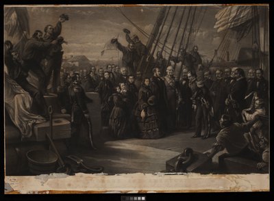 Anglie a Amerika. Návštěva Jejího Veličenstva královny Viktorie na arktické lodi Resolute 16. prosince 1856, asi 1859 (rytina, stipping, deska) od William 