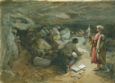 Rock-Cut Cisterna pod Robinsonovým obloukem, Jeruzalém, 1871 (wc a tužka na papíře) od William Crimea Simpson