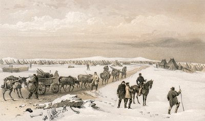 Tábor 1. divize, při pohledu na sever k táboru 2. divize, výšiny Inkermann v dálce od William Crimea Simpson