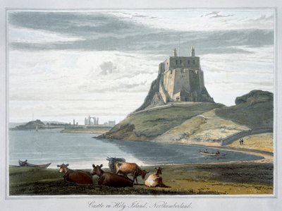 „Hrad na Svatém ostrově, Northumberland“, 1822 od William Daniell