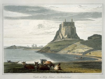 Hrad na Svatém ostrově, Northumberland, z „Cesta kolem Velké Británie uskutečněná mezi lety 1814 a 1825“, publikovaná v roce 1822 (akvatinta) od William Daniell
