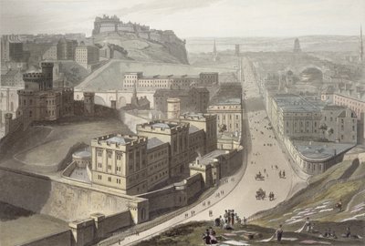Edinburgh, z Calton Hill, z „Cesta kolem Velké Británie uskutečněná mezi lety 1814 a 1825“, publikovaná v roce 1829 od William Daniell
