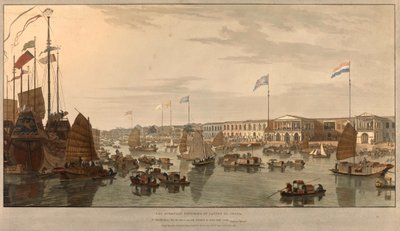 Evropská obchodní místa (Východoindické společnosti) v Kantonu v Číně. Nakreslil a vyryl William Daniell (1769-1837) 1805 od William Daniell