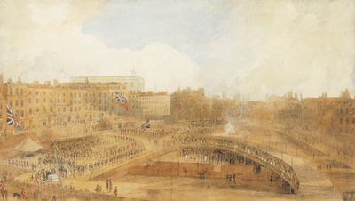Princ z Walesu pokládá základní kámen divadla Theatre Royal, Covent Garden, 31. prosince 1808 (tužka, pero a hnědý inkoust a akvarel zvýrazněny doteky tělové barvy a se škrábáním) od William Daniell