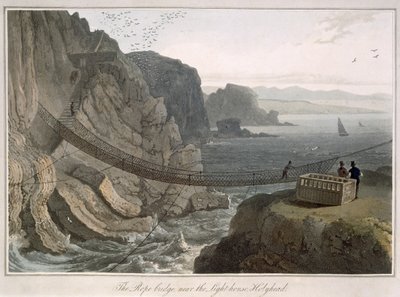 Lanový most poblíž majáku, Holyhead, z „Cesta kolem Velké Británie uskutečněná v letech 1814 až 1825“, publikovaná v roce 1829 od William Daniell