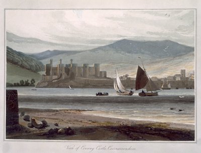 Pohled na hrad Conway, Caernarvonshire, z „Cesta kolem Velké Británie uskutečněná mezi lety 1814 a 1825“, vydáno 1815 (barevná rytina) od William Daniell