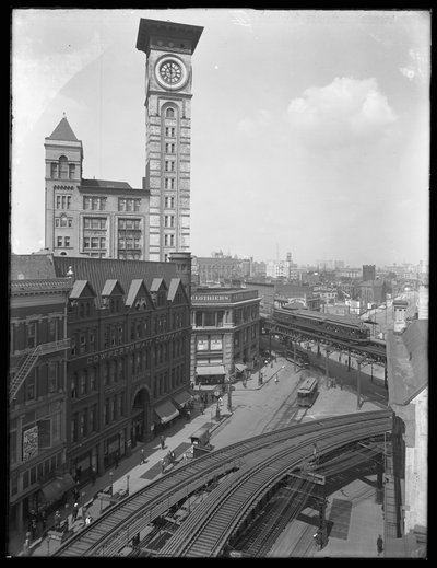 Pohled z vysokého úhlu na křižovatku ulic Flatbush Avenue a Fulton Street, Brooklyn, New York, 5. září 1914 od William Davis Hassler