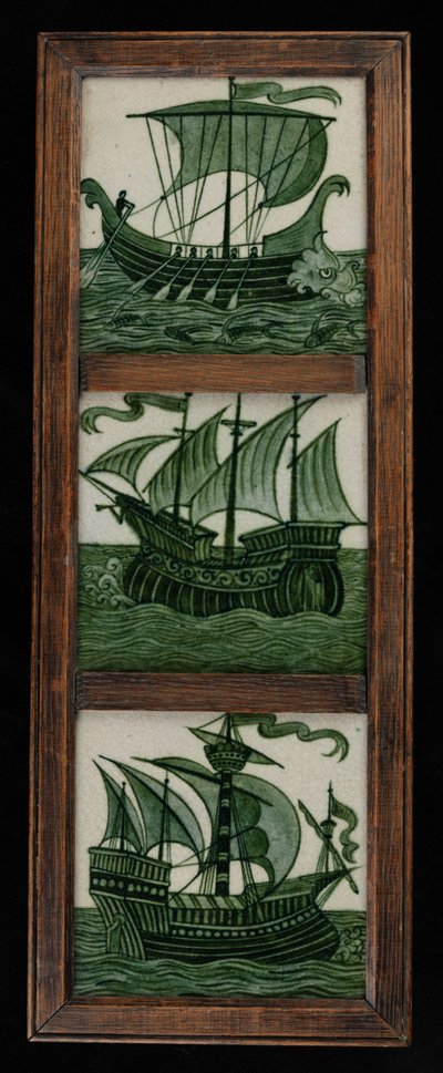 Dlaždicový panel lodí v plné plachtě, v rámu, cca 1865-80 (keramika) od William de Morgan