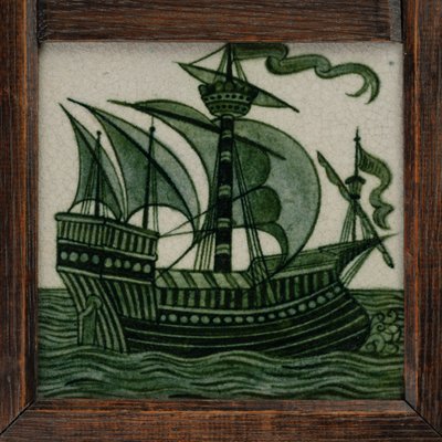 Dlaždicový panel lodí v plné plachtě, v rámu, cca 1865-80 (keramika) od William de Morgan