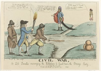 Anglická karikatura nizozemských občanských sporů, 1787 Občanská válka nebo Lord šílenec povzbuzující Hollandery, aby srazili Orange Party (název na objektu) od William Dent