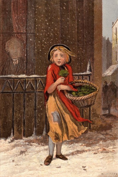 Chudinka prodávající řeřichu na zasněžené ulici (chromolitho) od William Dickes