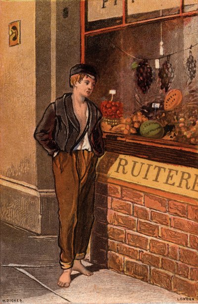 Pokušení: chudý mladý muž při pohledu do výlohy na tropické ovoce (chromolitho) od William Dickes