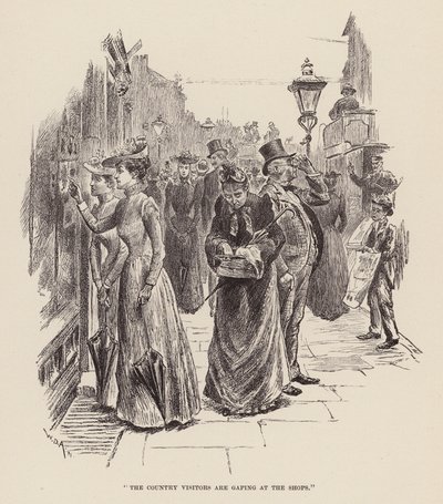 "Návštěvníci z venkova zírají na obchody" (rytina) od William Douglas Almond