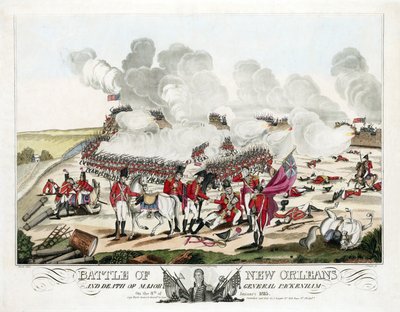 Bitva u New Orleans a smrt generálmajora Packenhama 8. ledna 1815, hospoda. 1815 (barevná rytina) od William Edward (after) West