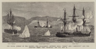 Námořní boj v Pacifiku, střetnutí mezi HMS Shah a Ametyst a peruánským rebelem Ramem Huascarem u Ilo, 29. od William Edward Atkins